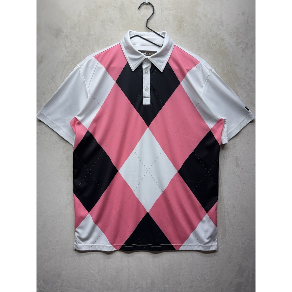 Loudmouth Golf Polo Shirt Men M Pink Black White Argyle Performance Short Sleeve